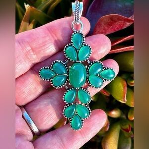 Natural Green Onyx Sterling Silver 3” Cross Pendant